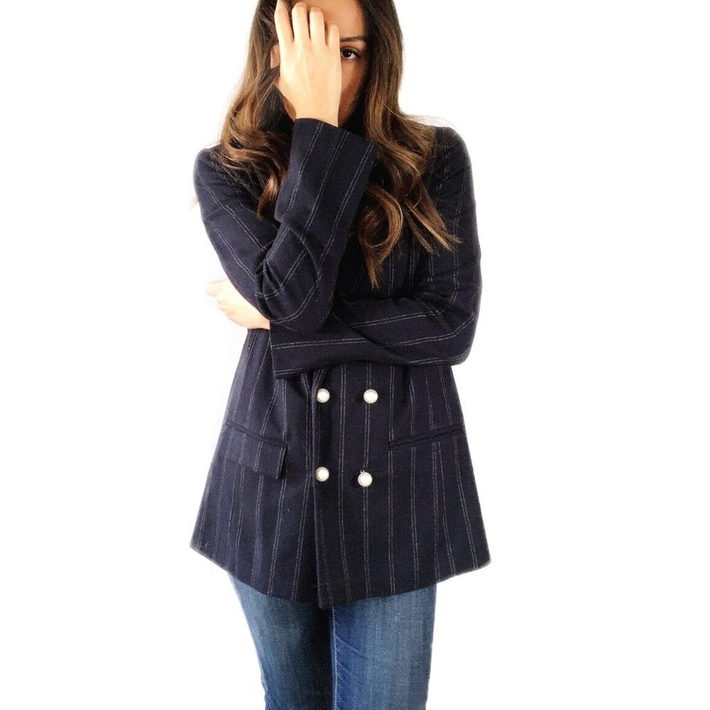 Striped Navy Blue Oversized Blazer with Pearl Butt